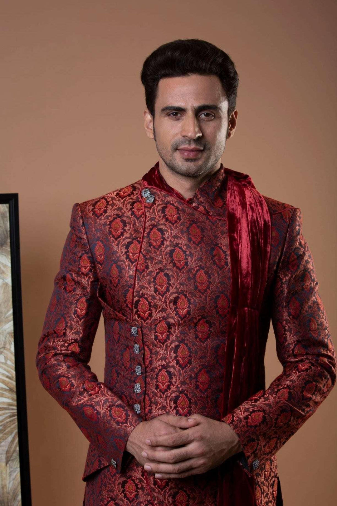 Red Brocade Indo-Western Set (Outside Ontario) - MyEthnikRentals