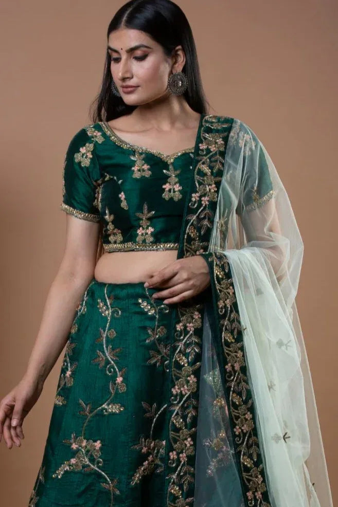 Deep Green Crepe Lehenga - MyEthnikRentals