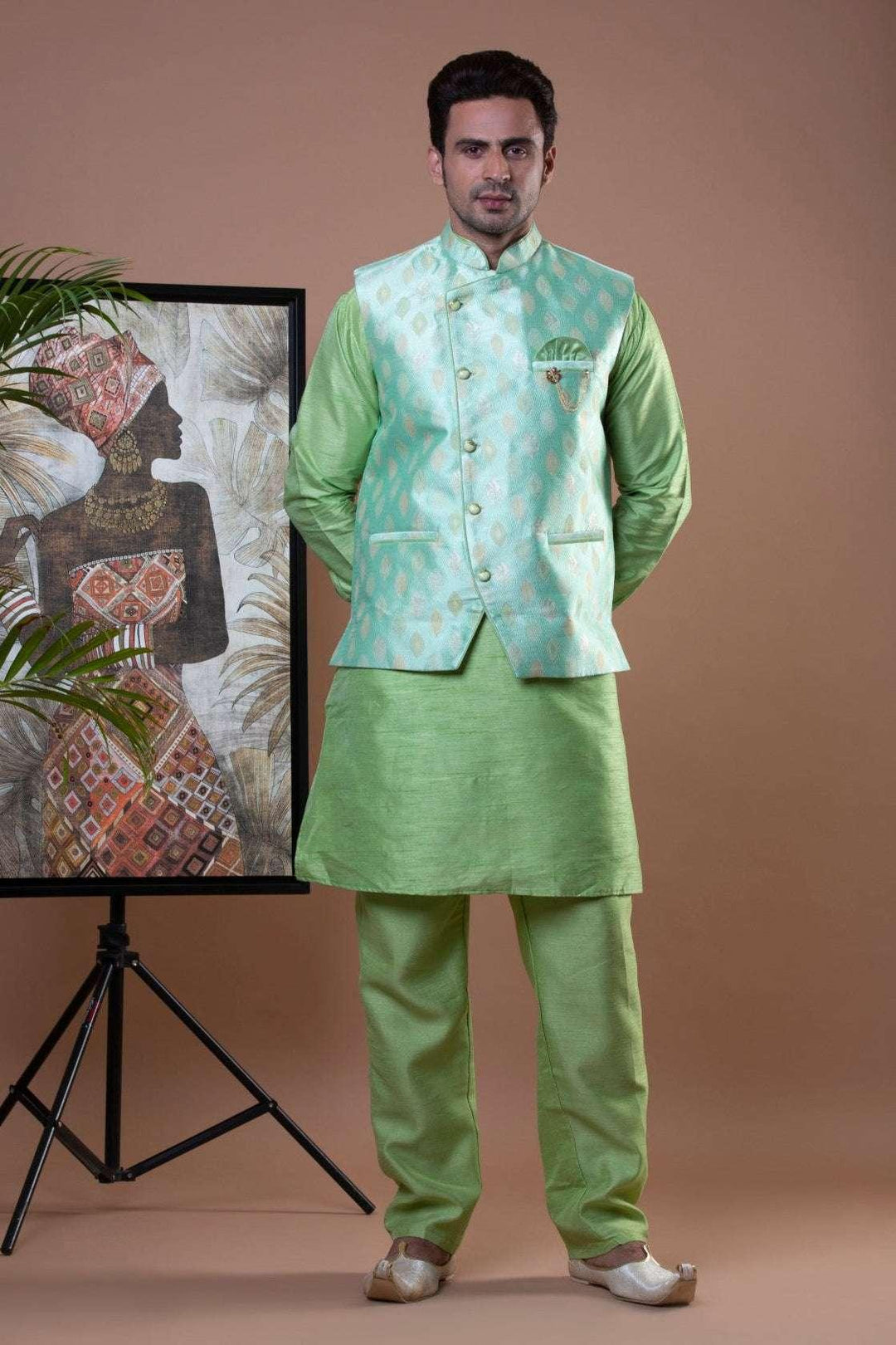 Pista Green Kurta Pajama with Nehru Jacket (Outside Ontario) - MyEthnikRentals