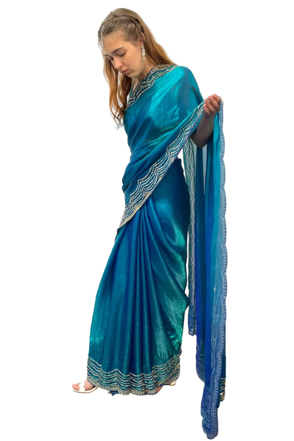Glass Tissue Blue Saree - MyEthnikRentals