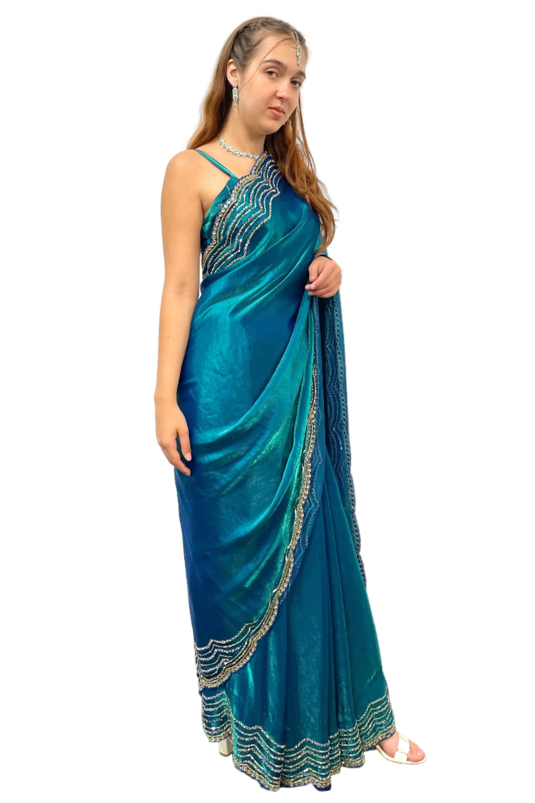 Glass Tissue Blue Saree - MyEthnikRentals