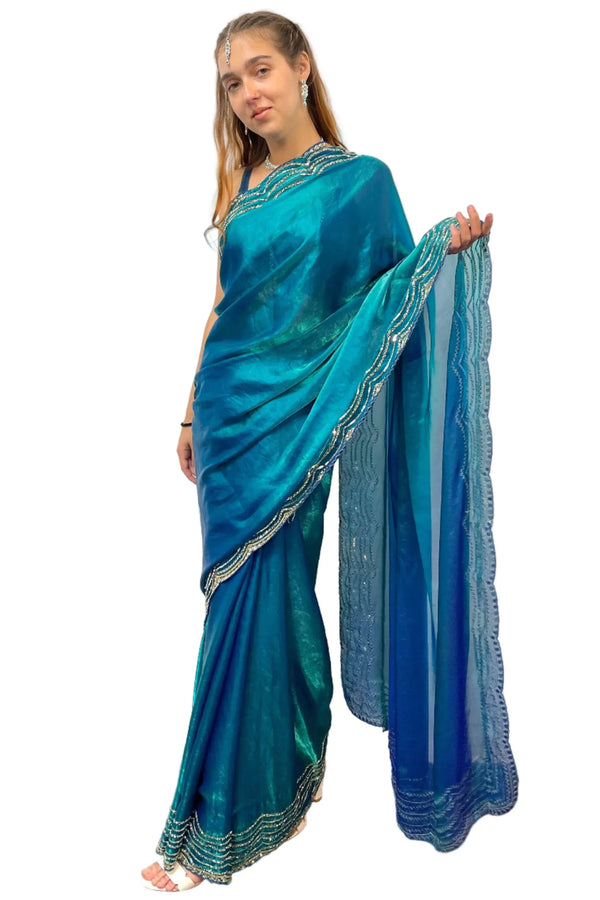 Glass Tissue Blue Saree - MyEthnikRentals