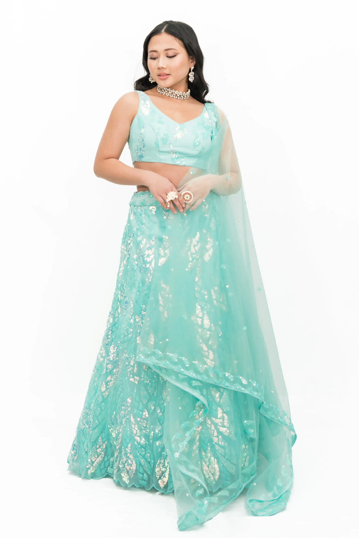 Ice Blue Sequined Lehenga (Outside Ontario) - MyEthnikRentals