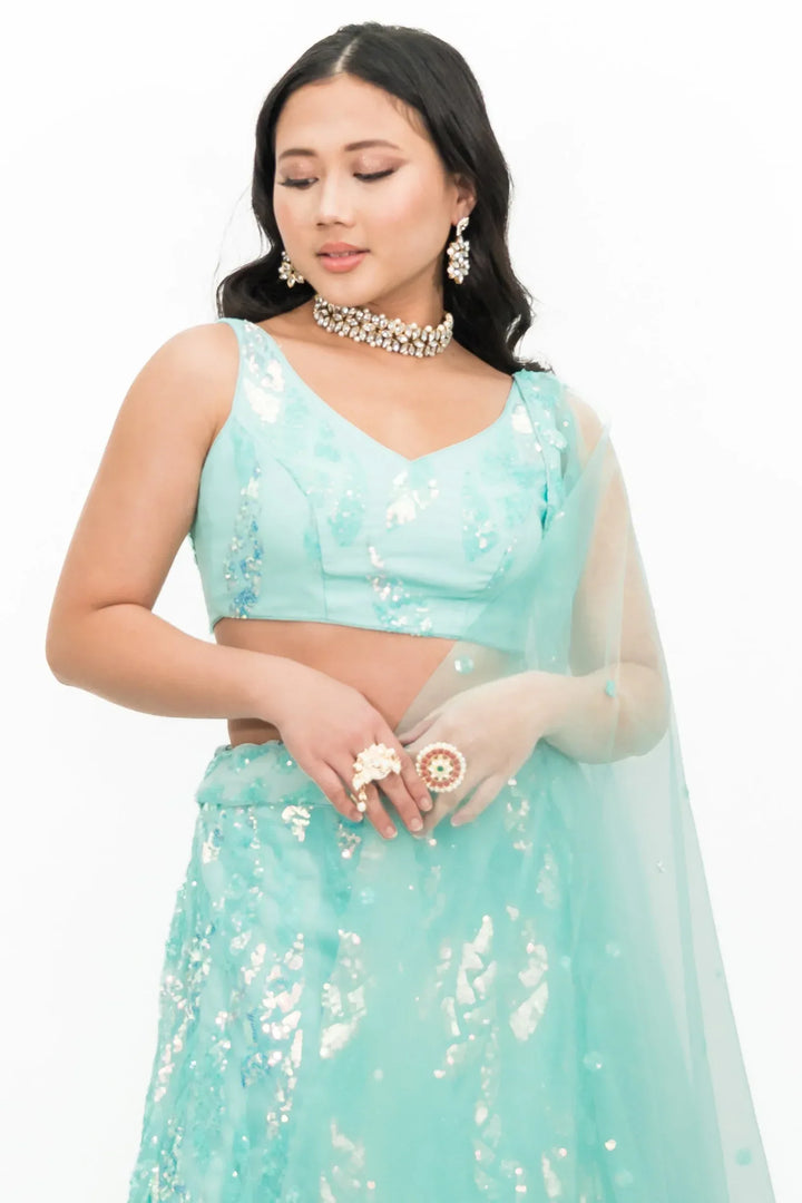 Ice Blue Sequined Lehenga (Outside Ontario) - MyEthnikRentals