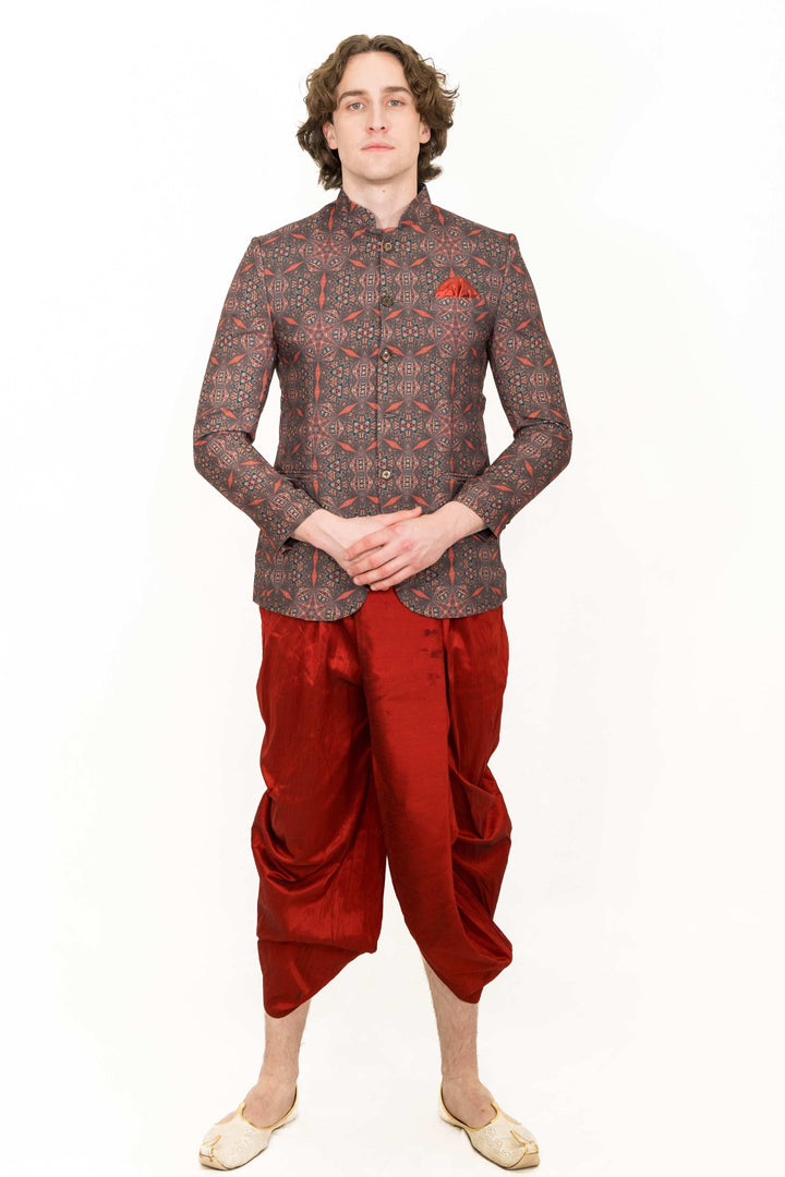 Patterned Red Indo-Western Set (Outside Ontario) - MyEthnikRentals