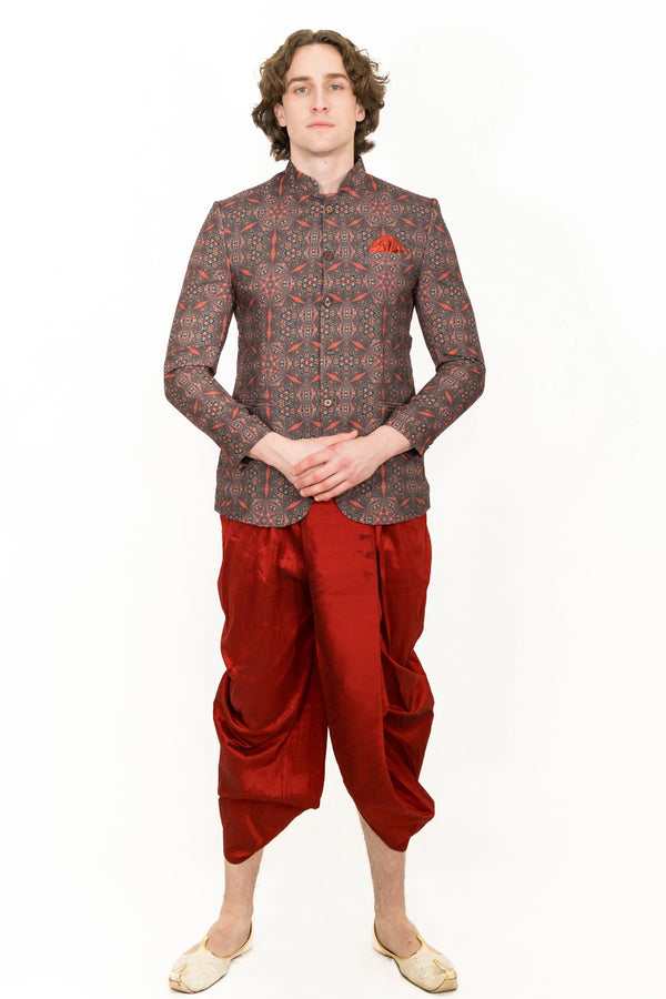 Patterned Red Indo-Western Set - MyEthnikRentals