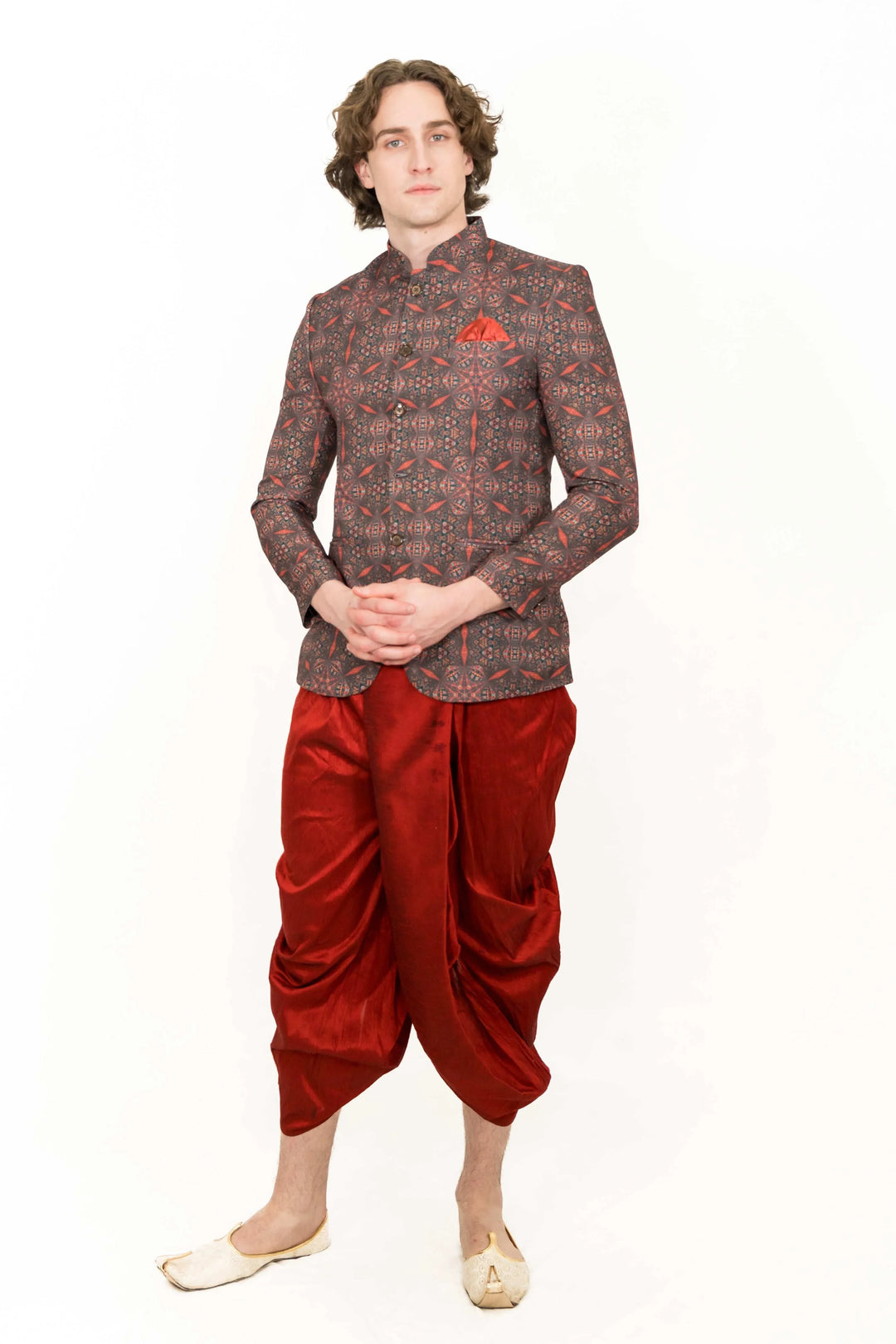 Patterned Red Indo-Western Set (Outside Ontario) - MyEthnikRentals