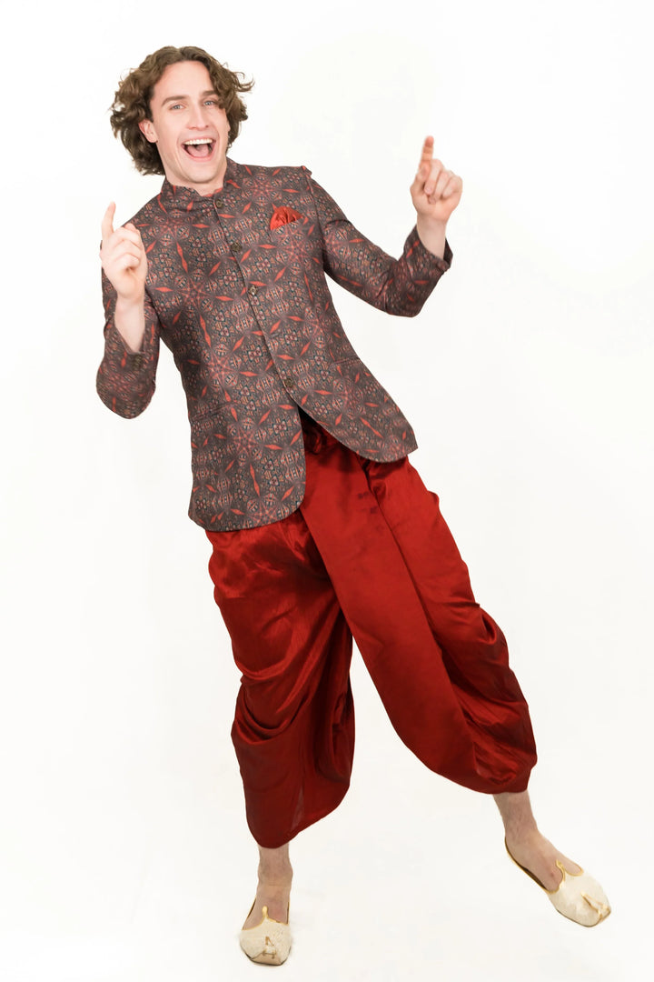 Patterned Red Indo-Western Set - MyEthnikRentals