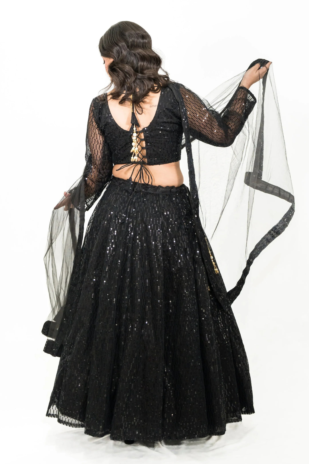 Black Sequined Net Lehenga - MyEthnikRentals