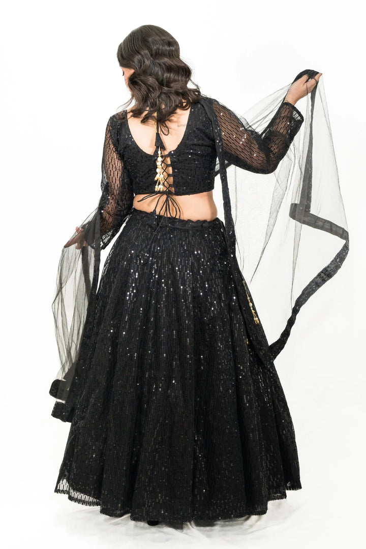 Black Sequined Net Lehenga - MyEthnikRentals