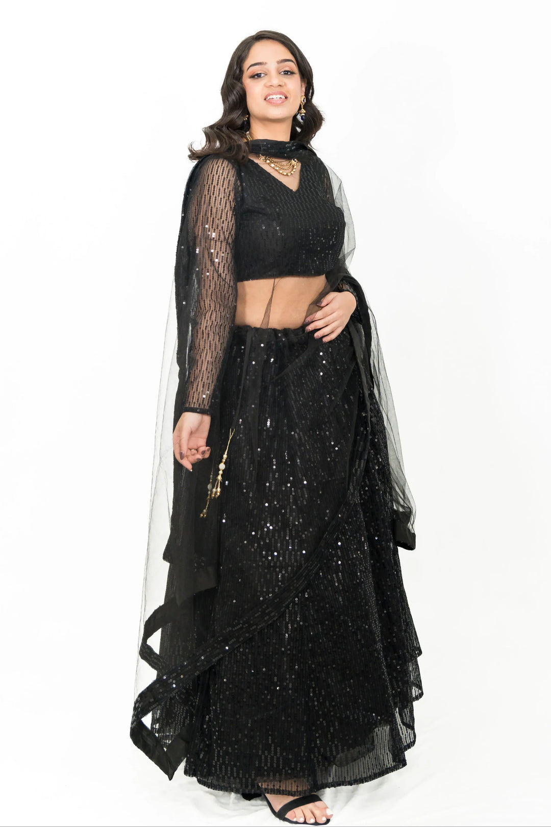 Black Sequined Net Lehenga - MyEthnikRentals