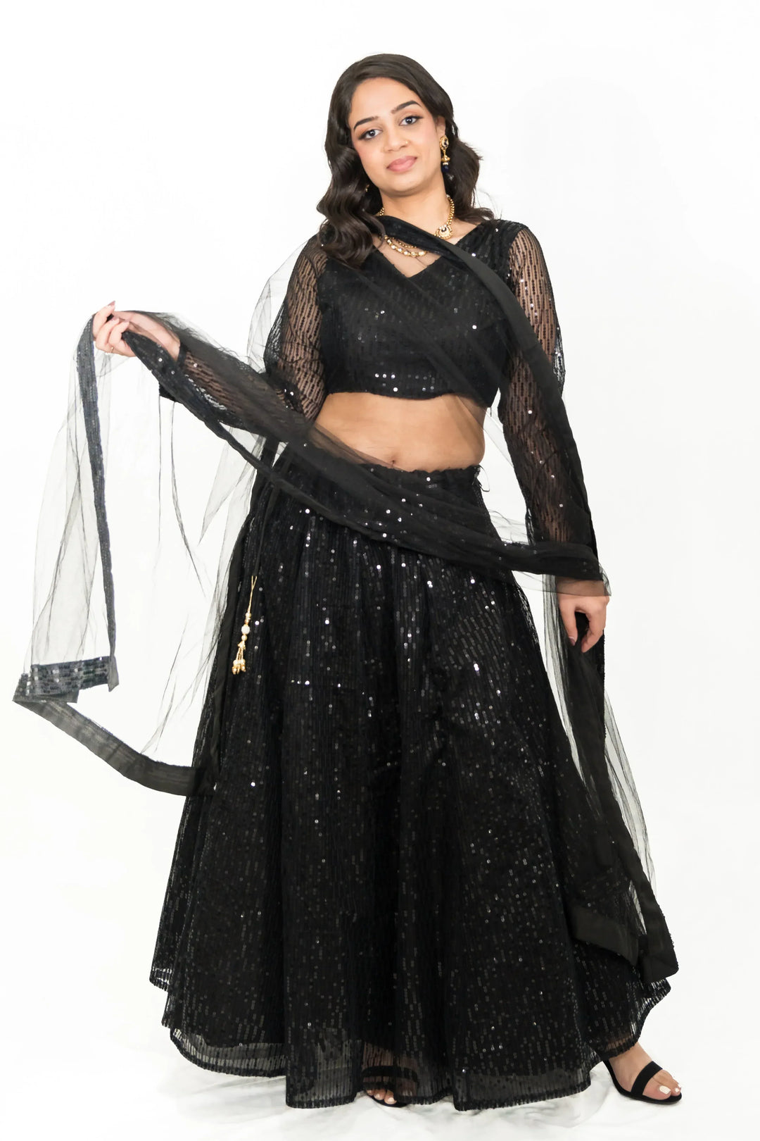 Black Sequined Net Lehenga - MyEthnikRentals
