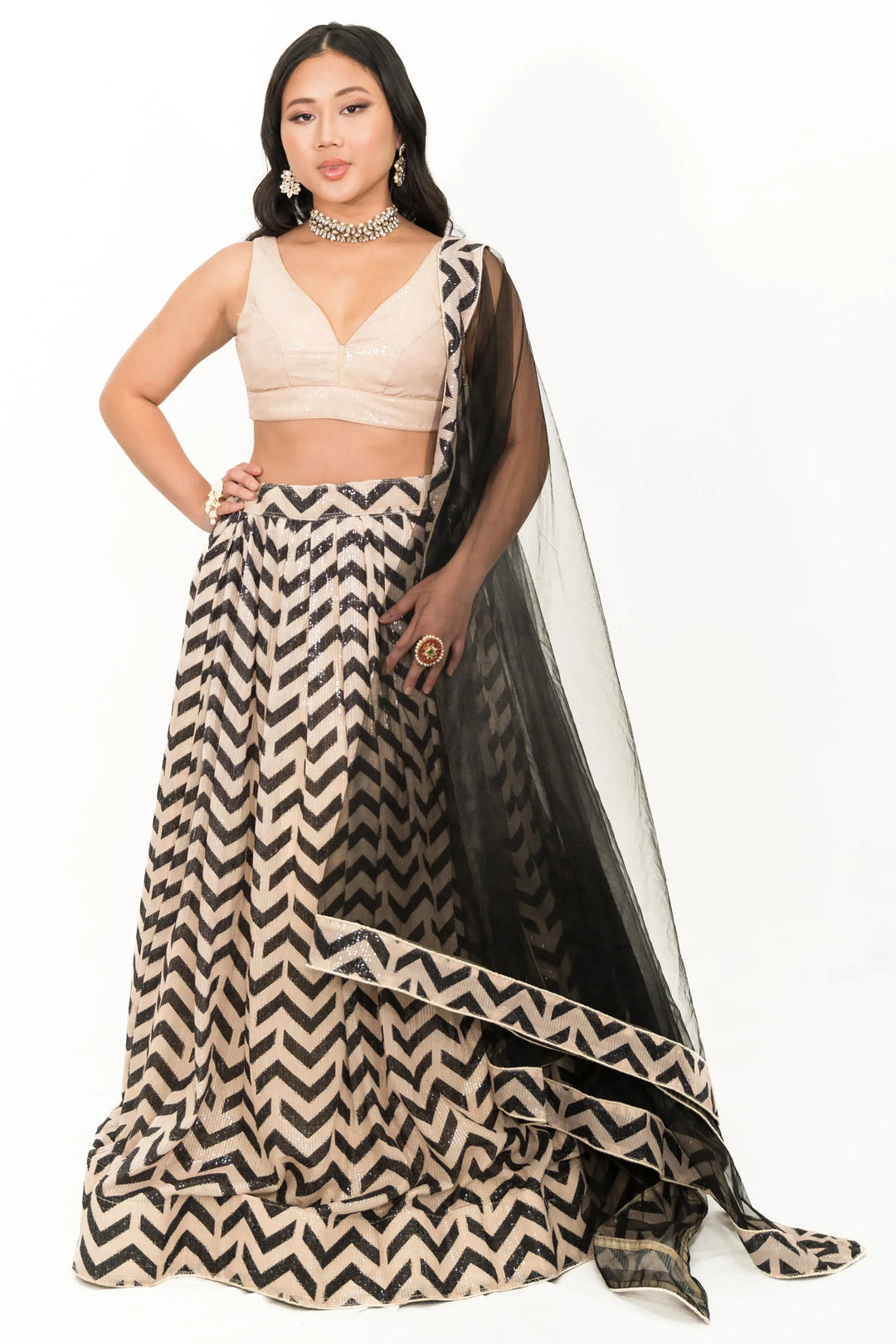 Black Chevron Embroidered Lehenga (Outside Ontario) - MyEthnikRentals