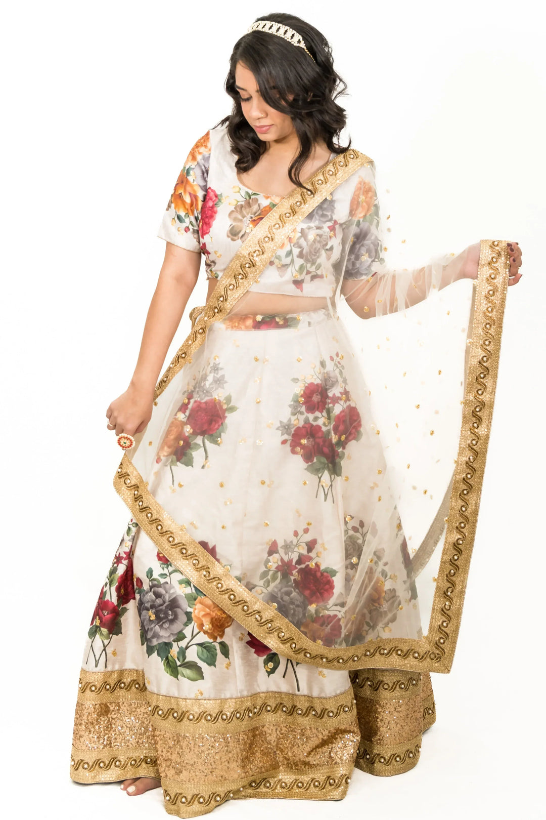 Cream Floral Printed Lehenga (Outside Ontario) - MyEthnikRentals