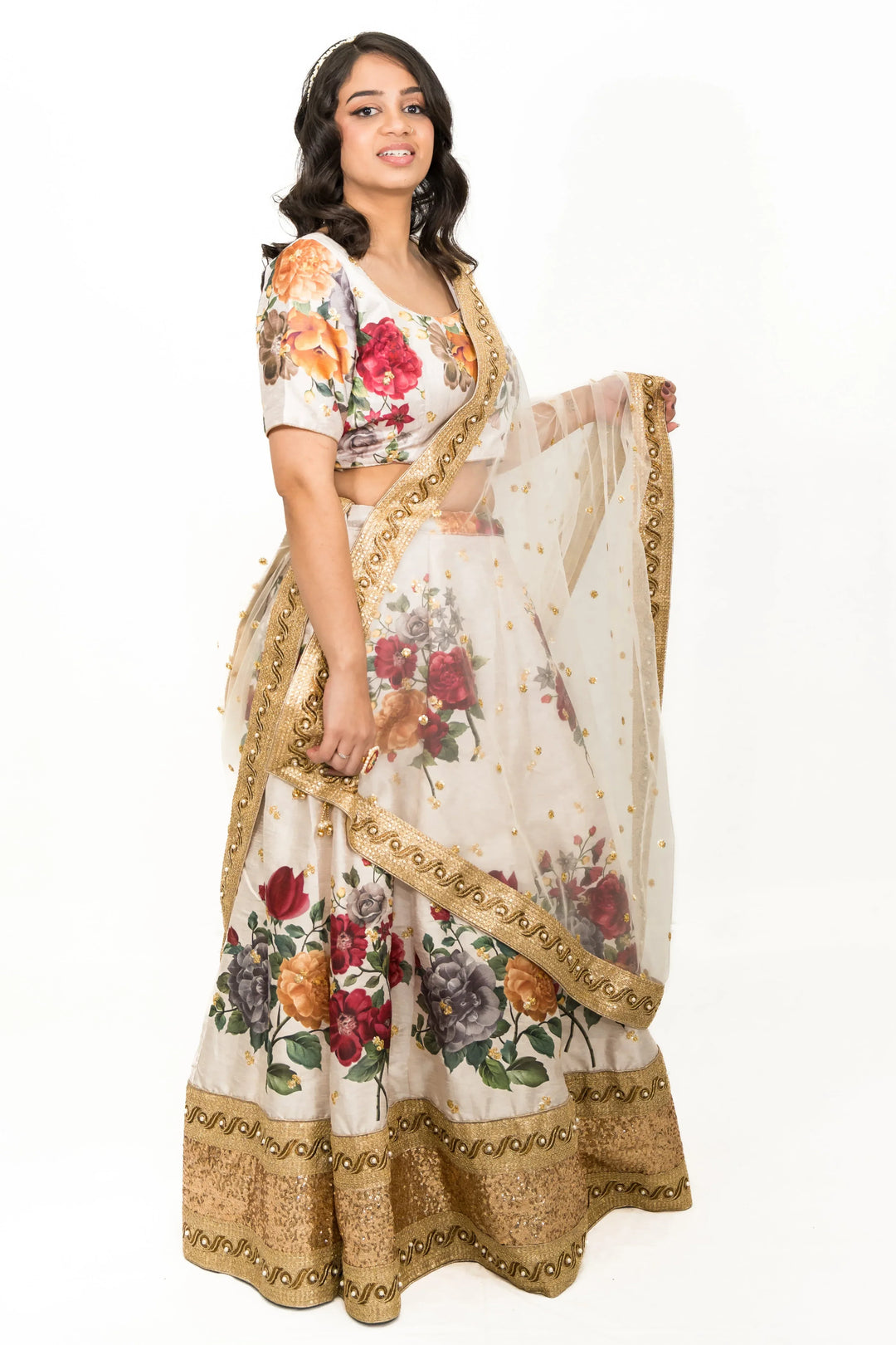 Cream Floral Printed Lehenga (Outside Ontario) - MyEthnikRentals