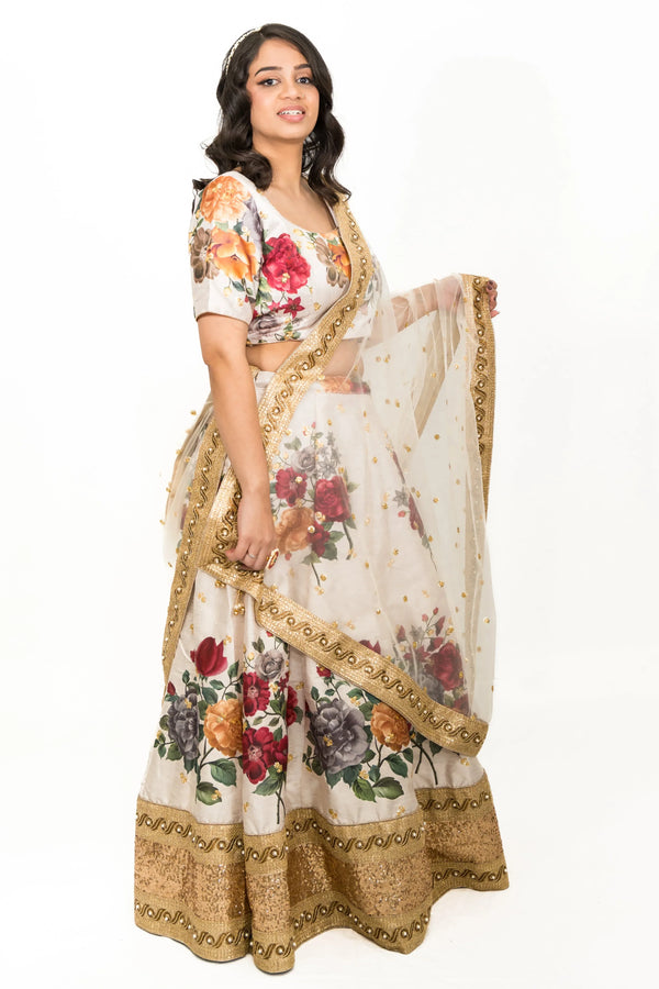 Cream Floral Printed Lehenga - MyEthnikRentals