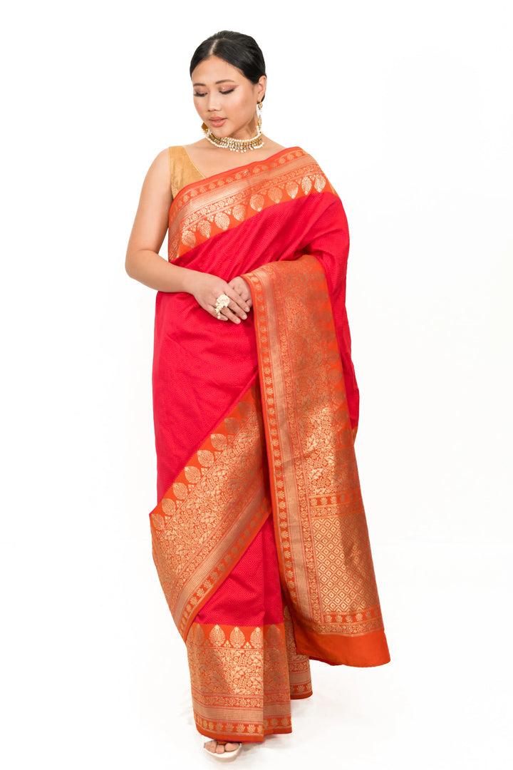 Strawberry Pink Embroidered Saree - MyEthnikRentals