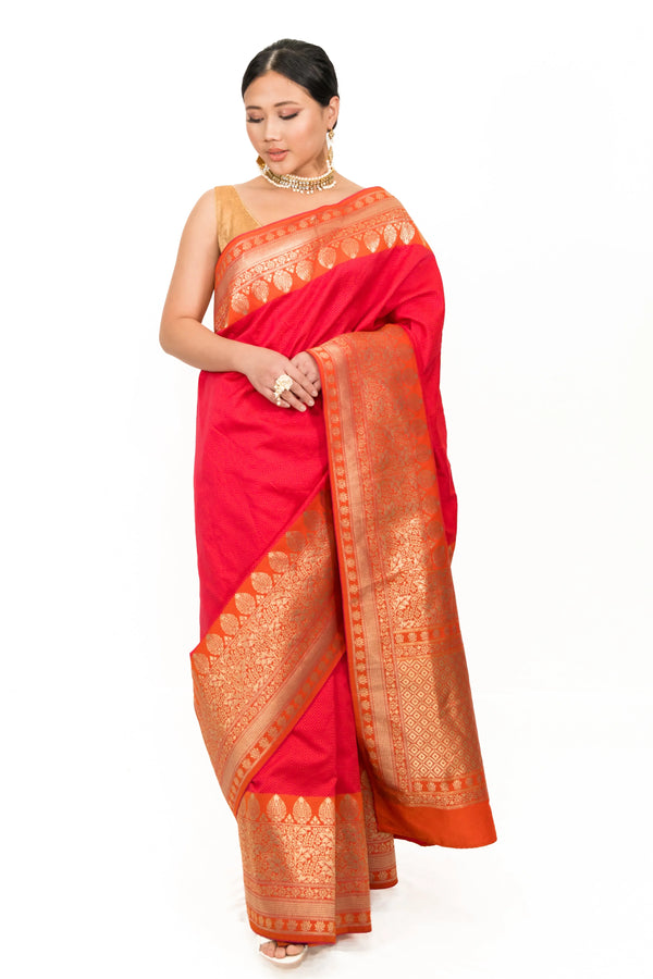 Strawberry Pink Embroidered Saree - MyEthnikRentals