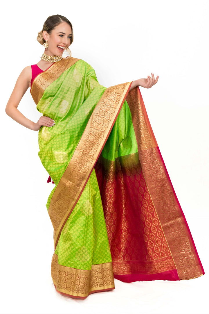 Lime Green Banarsi Saree (Outside Ontario) - MyEthnikRentals
