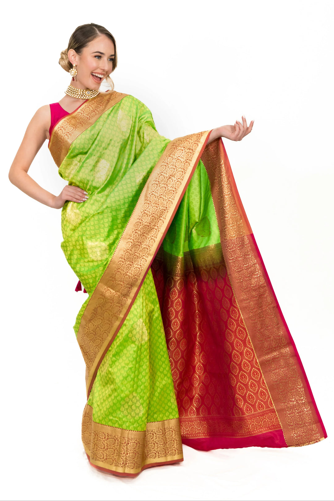 Lime Green Banarsi Saree - MyEthnikRentals