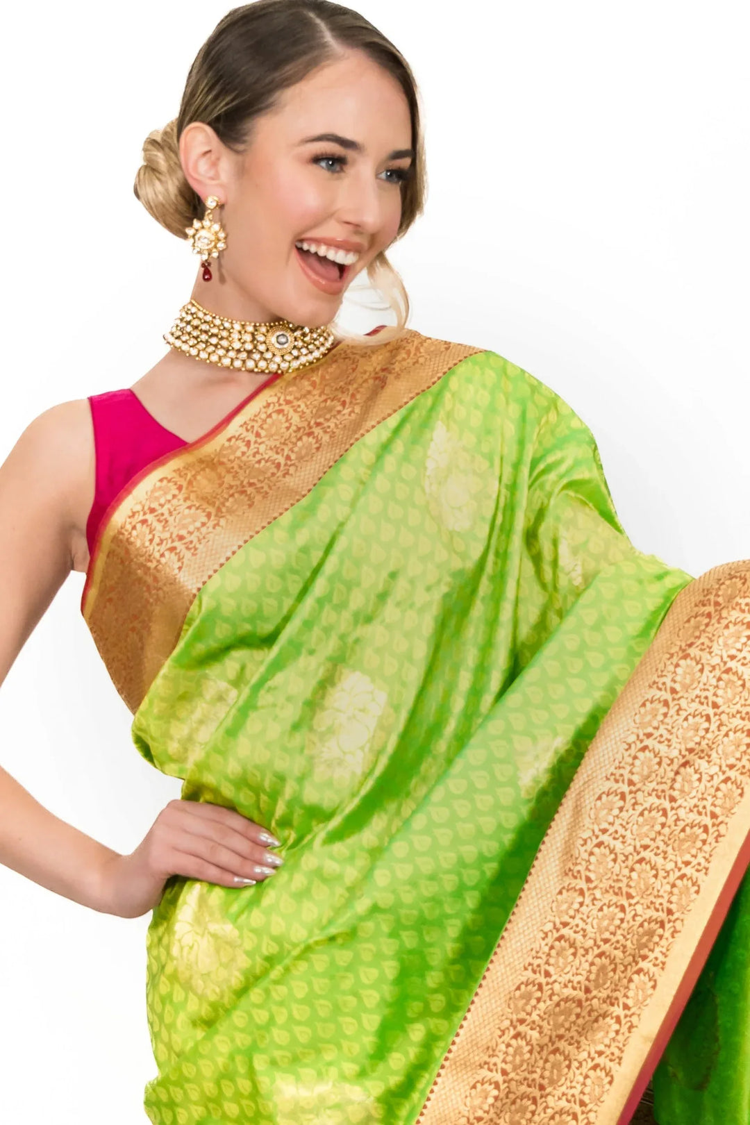 Lime Green Banarsi Saree - MyEthnikRentals