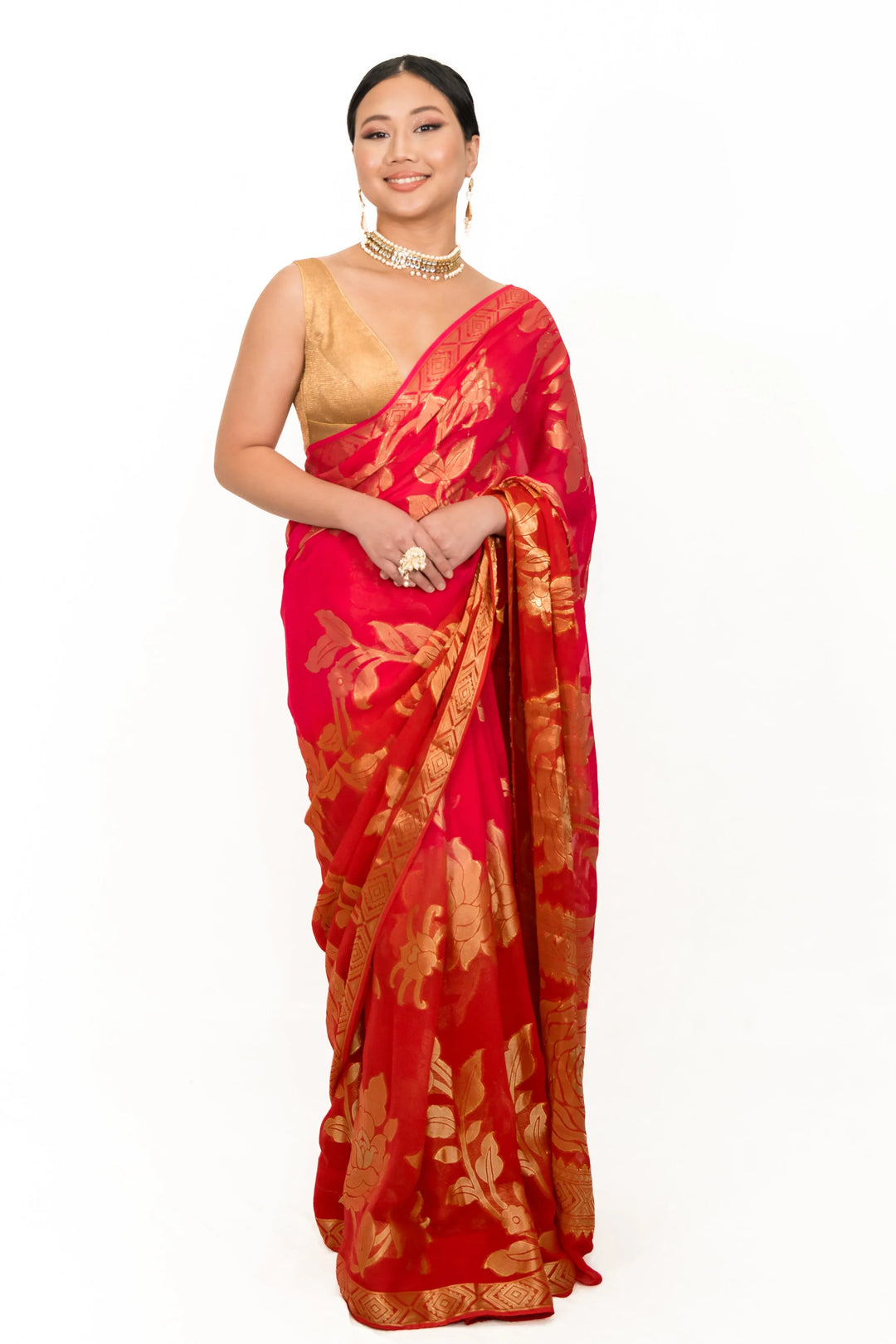 Carrot Red Gerogette Saree - MyEthnikRentals