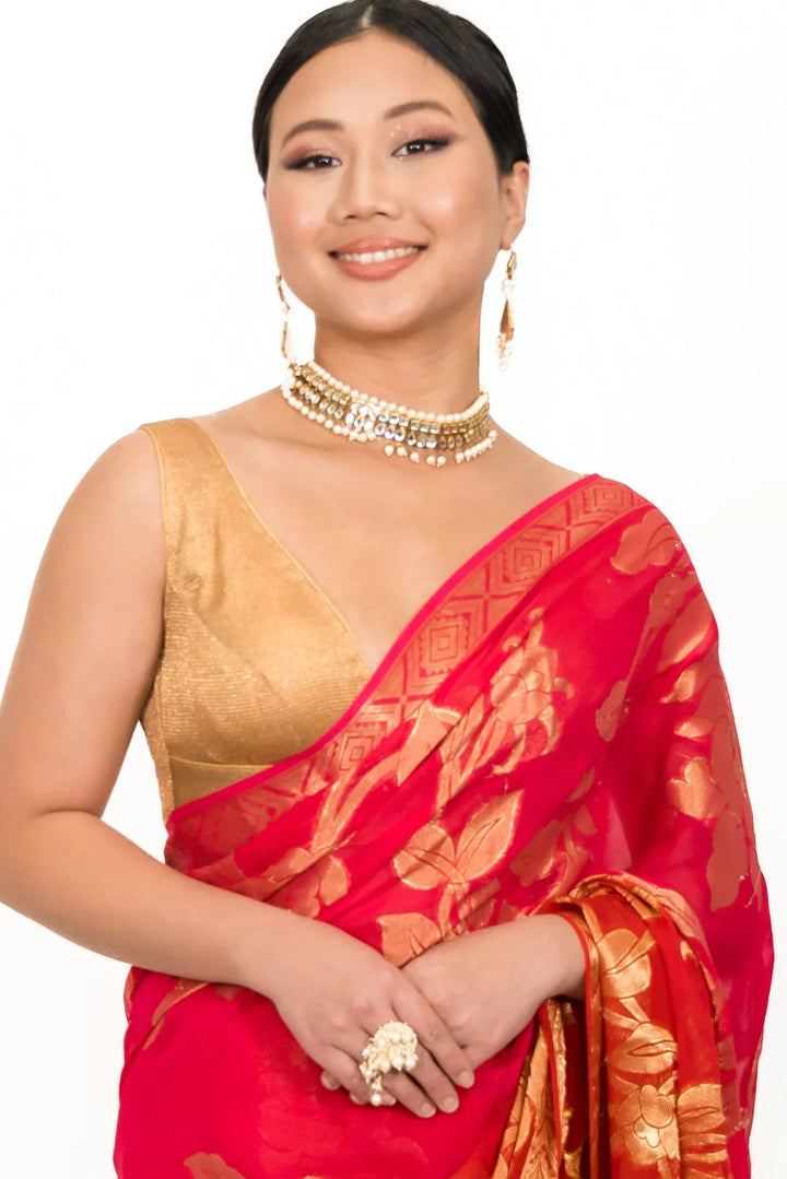 Carrot Red Gerogette Saree - MyEthnikRentals