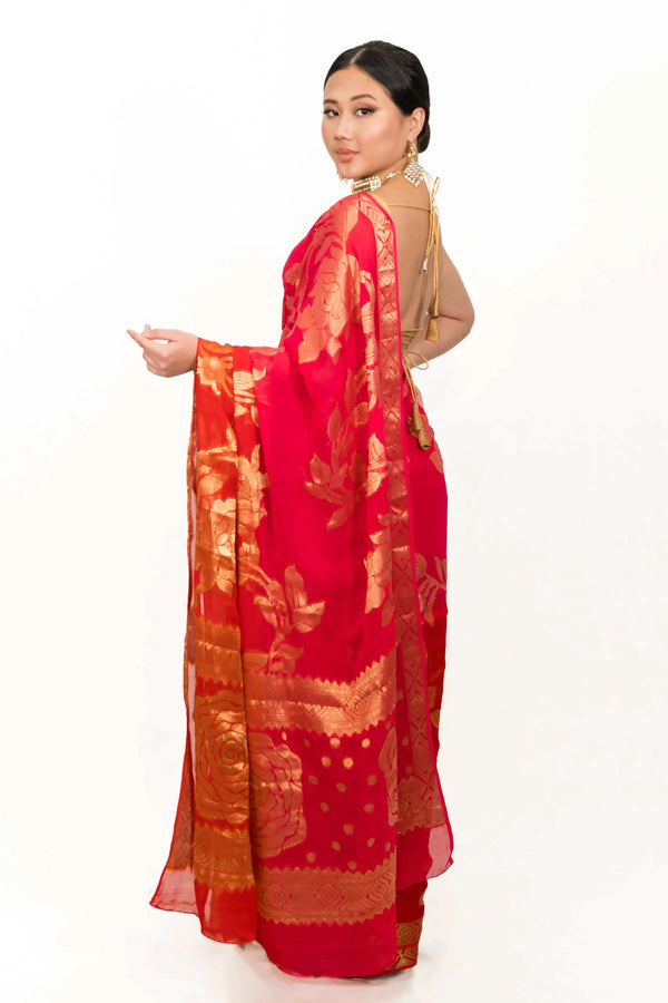 Carrot Red Gerogette Saree (Outside Ontario) - MyEthnikRentals