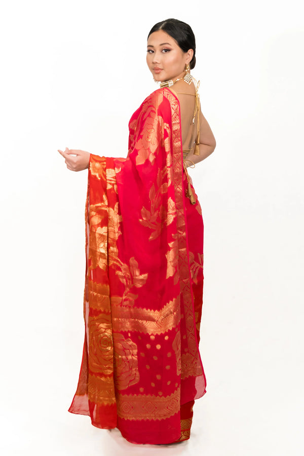 Carrot Red Gerogette Saree - MyEthnikRentals