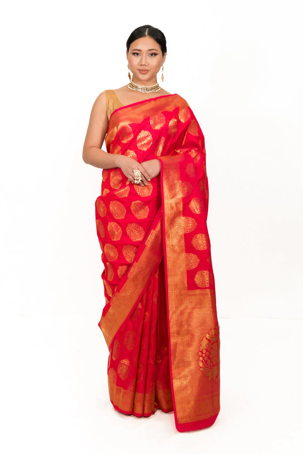 Pinkish Red Silk Saree - MyEthnikRentals