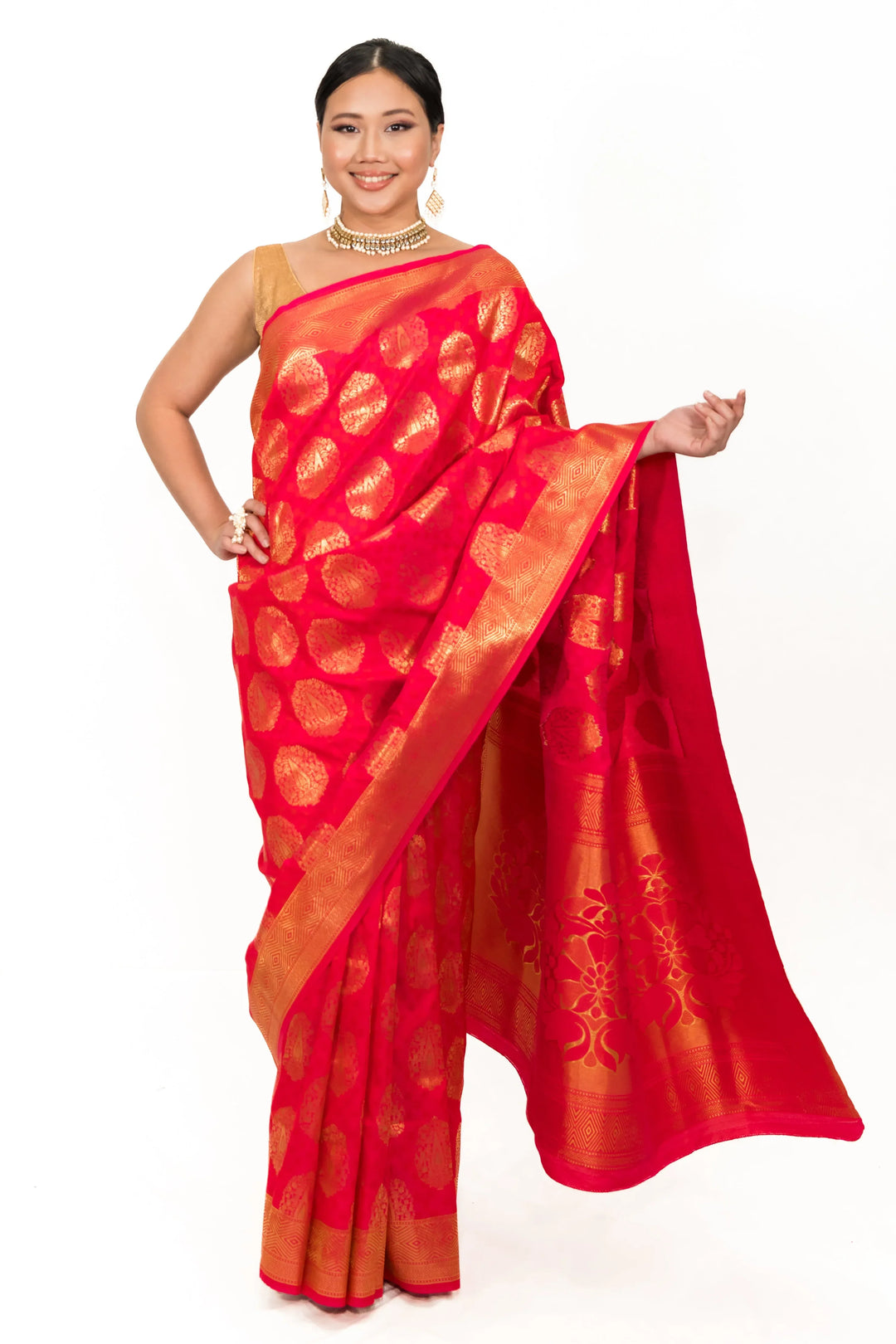 Pinkish Red Silk Saree - MyEthnikRentals