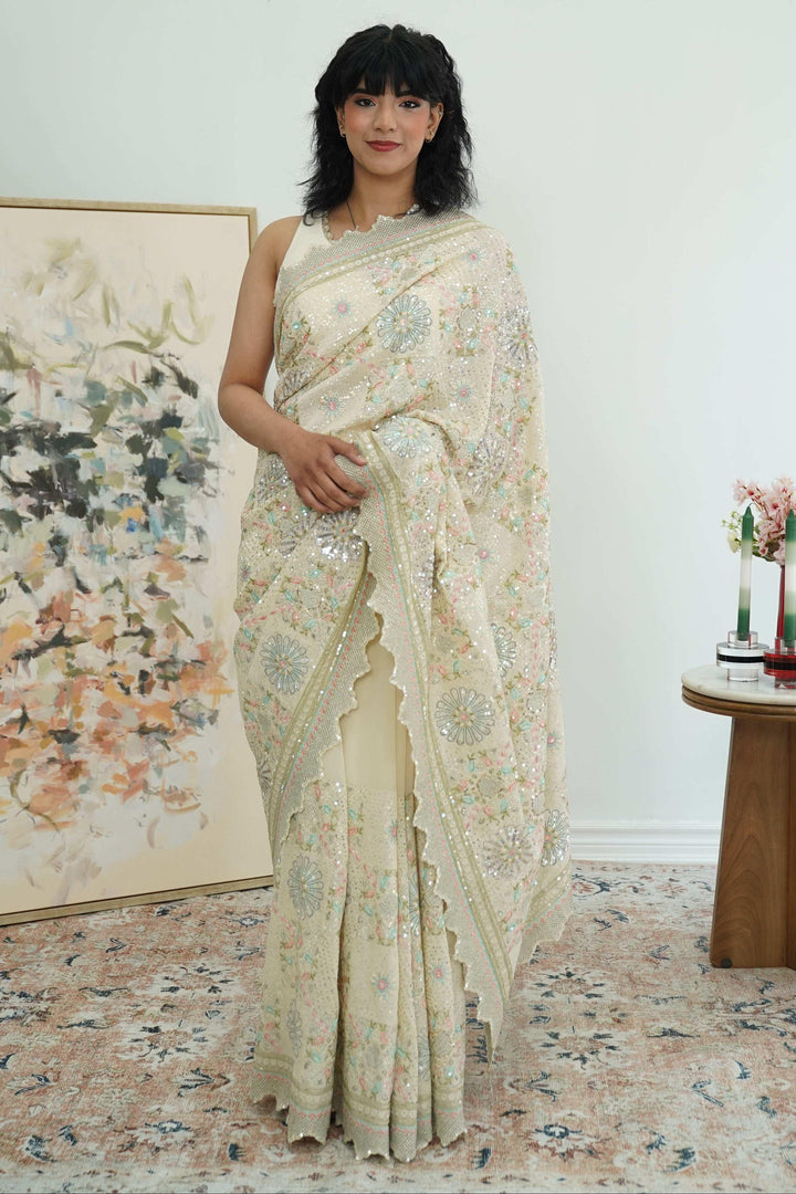 Cream Heavy Sequins Saree (Outside Ontario) - MyEthnikRentals
