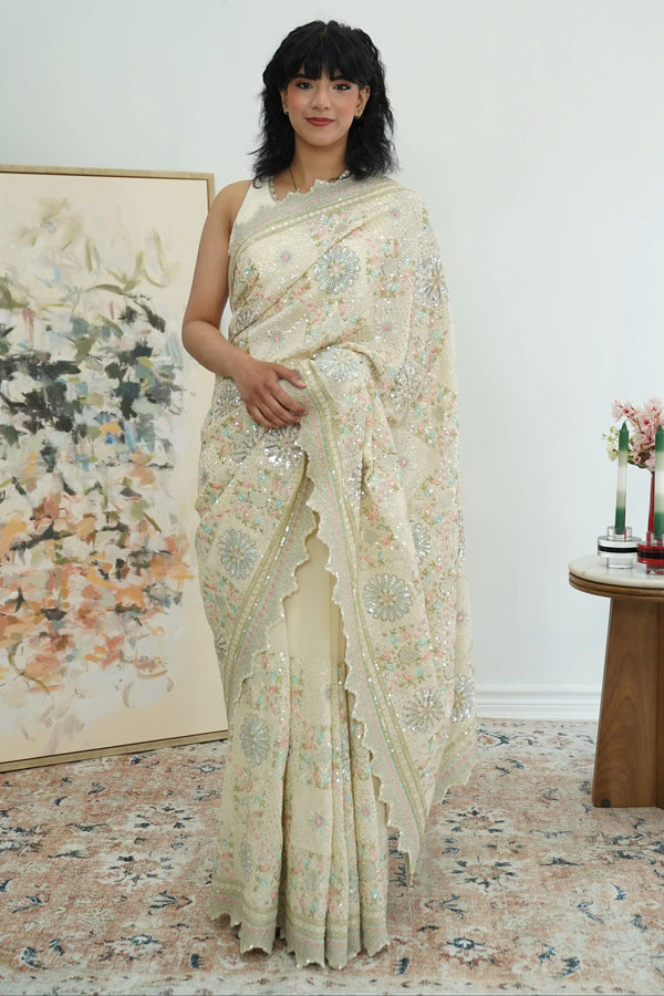 Cream Heavy Sequins Saree - MyEthnikRentals