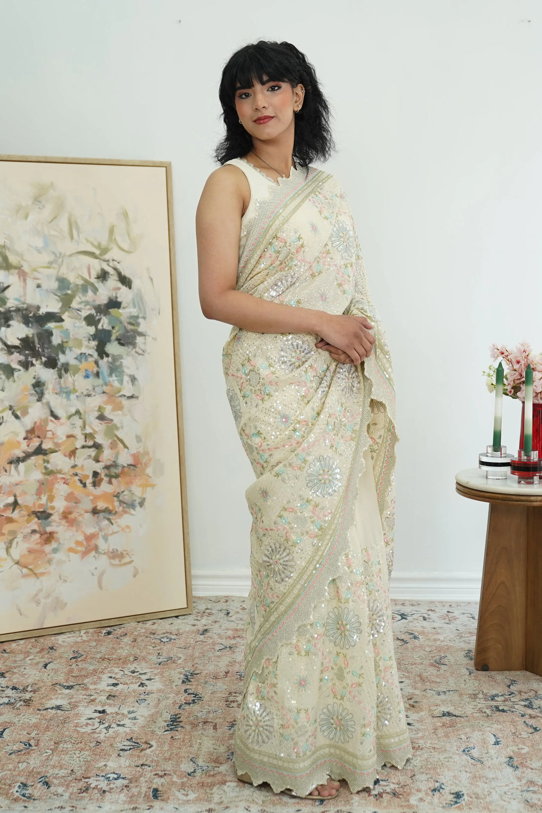 Cream Heavy Sequins Saree - MyEthnikRentals