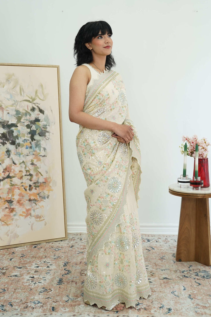 Cream Heavy Sequins Saree (Outside Ontario) - MyEthnikRentals