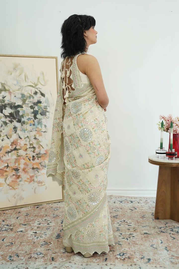 Cream Heavy Sequins Saree - MyEthnikRentals
