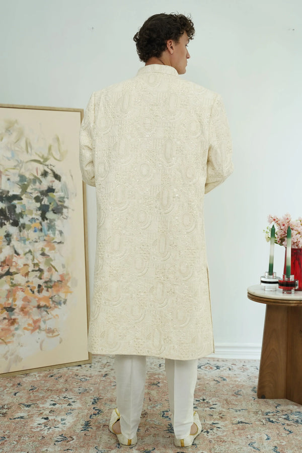 Ivory Embroidered Achkan Sherwani Set - MyEthnikRentals