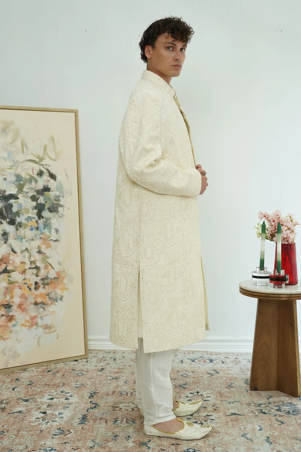 Ivory Embroidered Achkan Sherwani Set - MyEthnikRentals