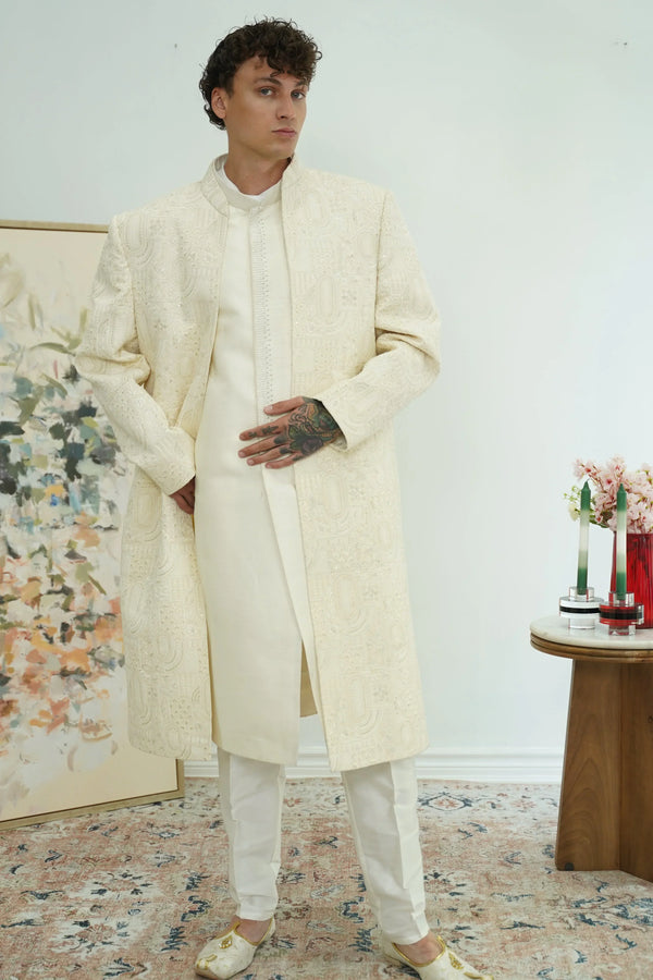 Ivory Embroidered Achkan Sherwani Set - MyEthnikRentals