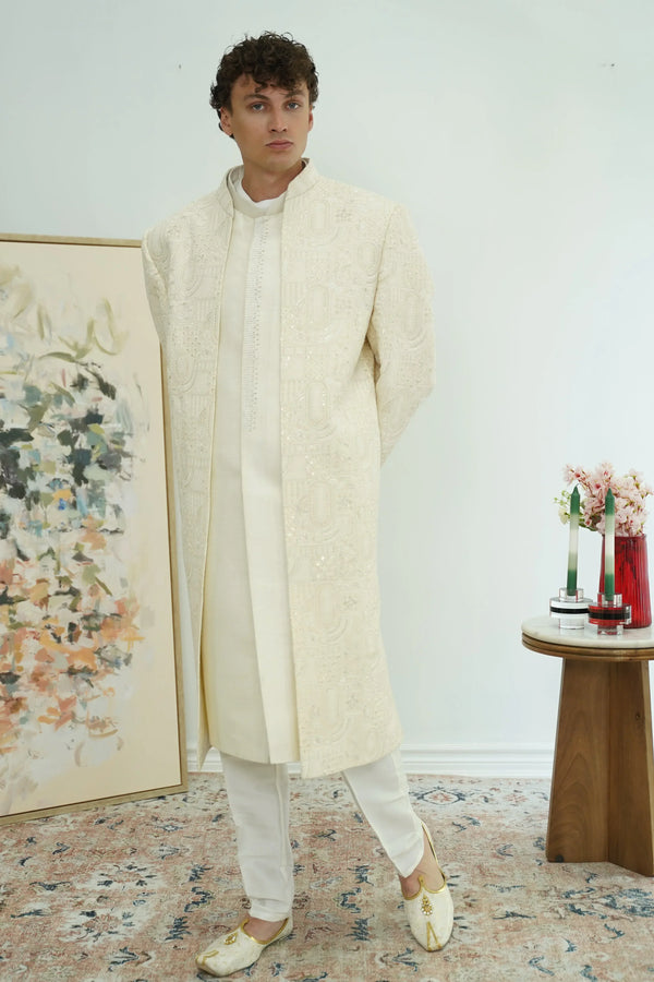 Ivory Embroidered Achkan Sherwani Set - MyEthnikRentals