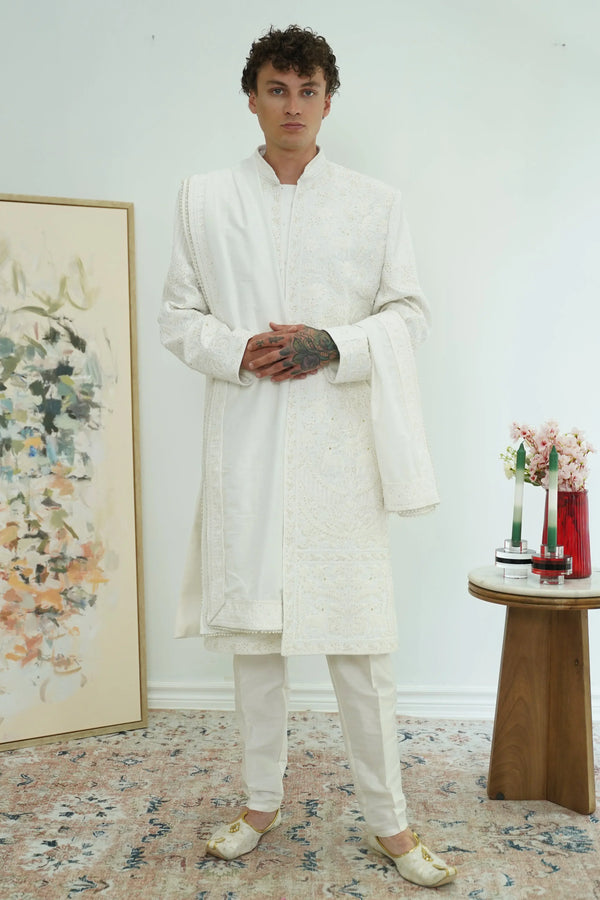 Pearl White Royal Sherwani with Dupatta - MyEthnikRentals