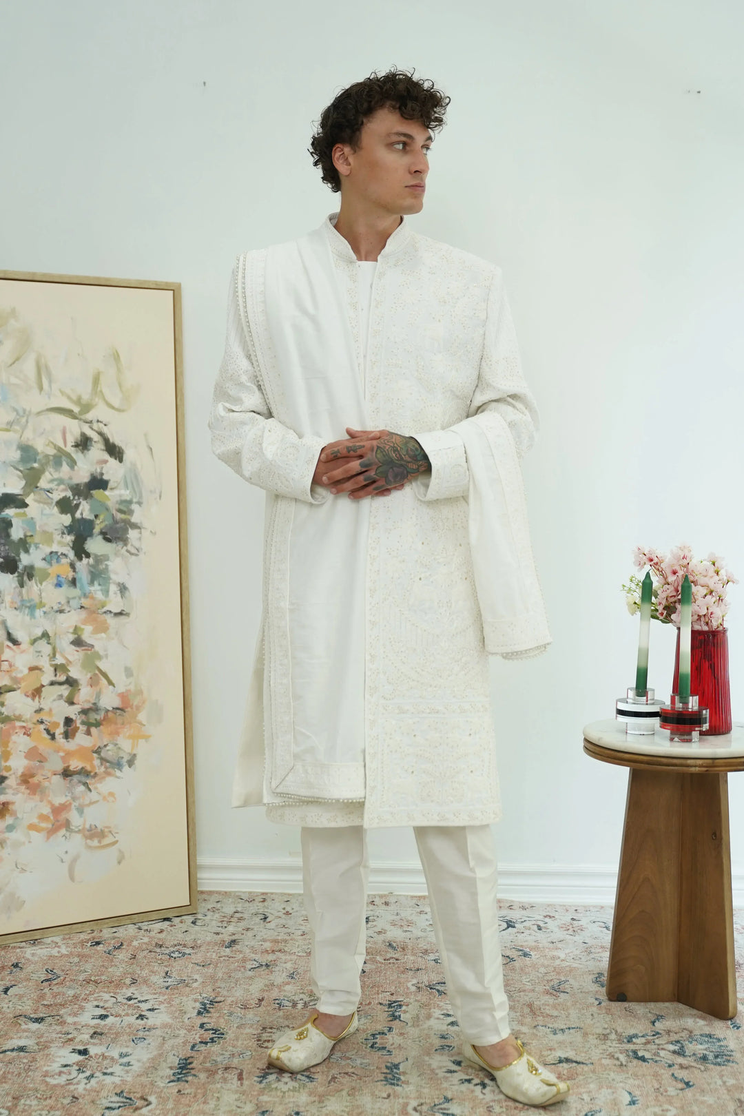 Pearl White Royal Sherwani with Dupatta - MyEthnikRentals