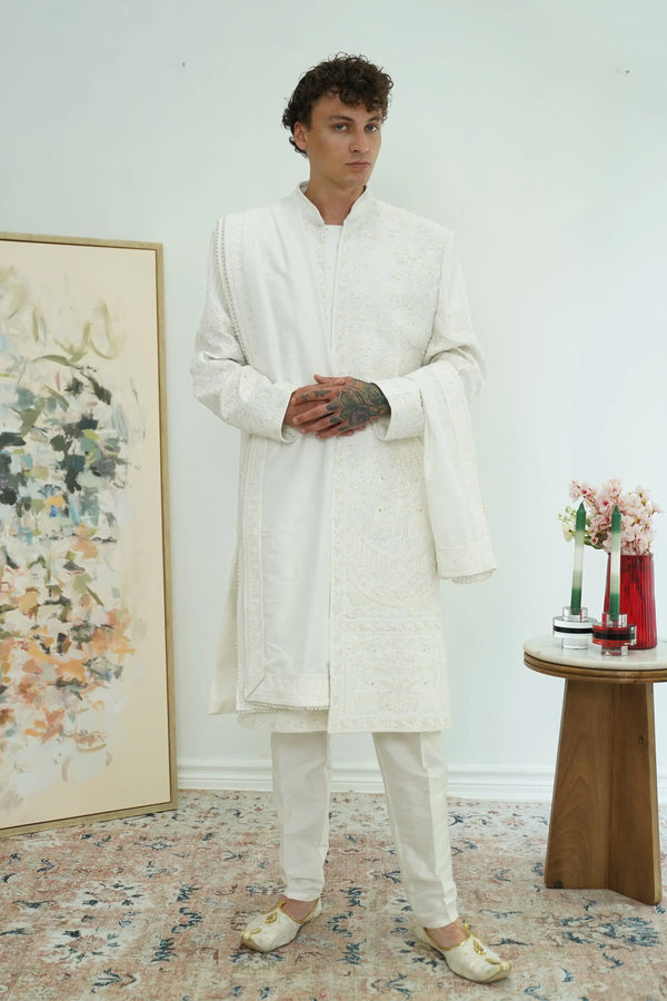 Pearl White Royal Sherwani with Dupatta - MyEthnikRentals