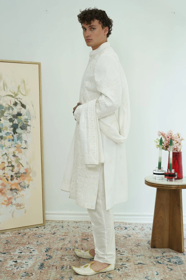 Pearl White Royal Sherwani with Dupatta - MyEthnikRentals