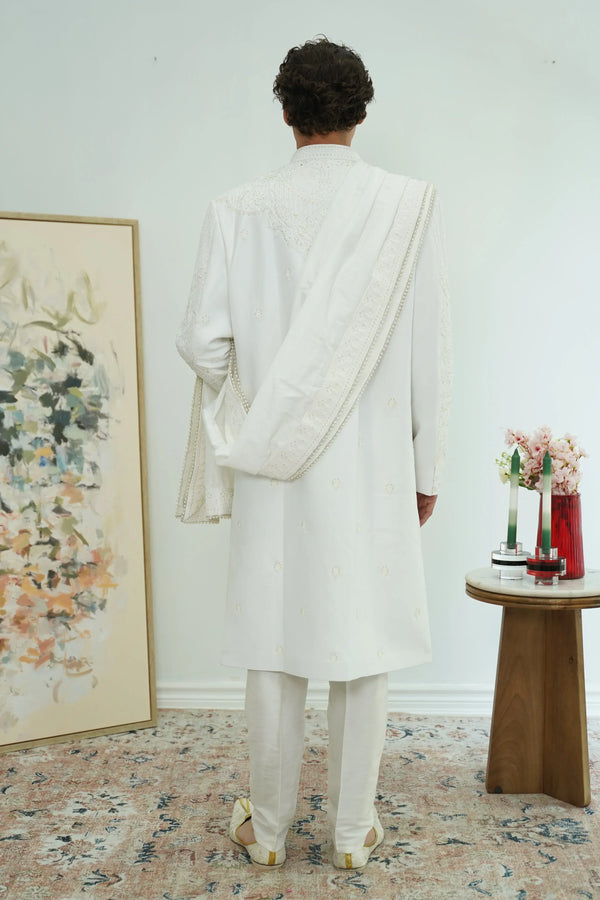 Pearl White Royal Sherwani with Dupatta - MyEthnikRentals