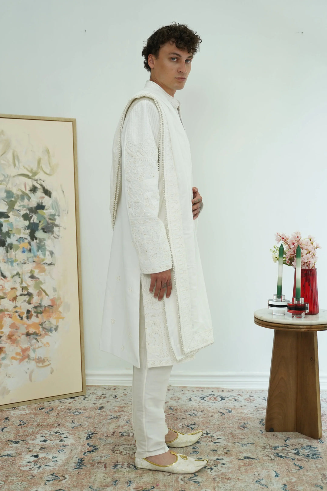 Pearl White Royal Sherwani with Dupatta - MyEthnikRentals