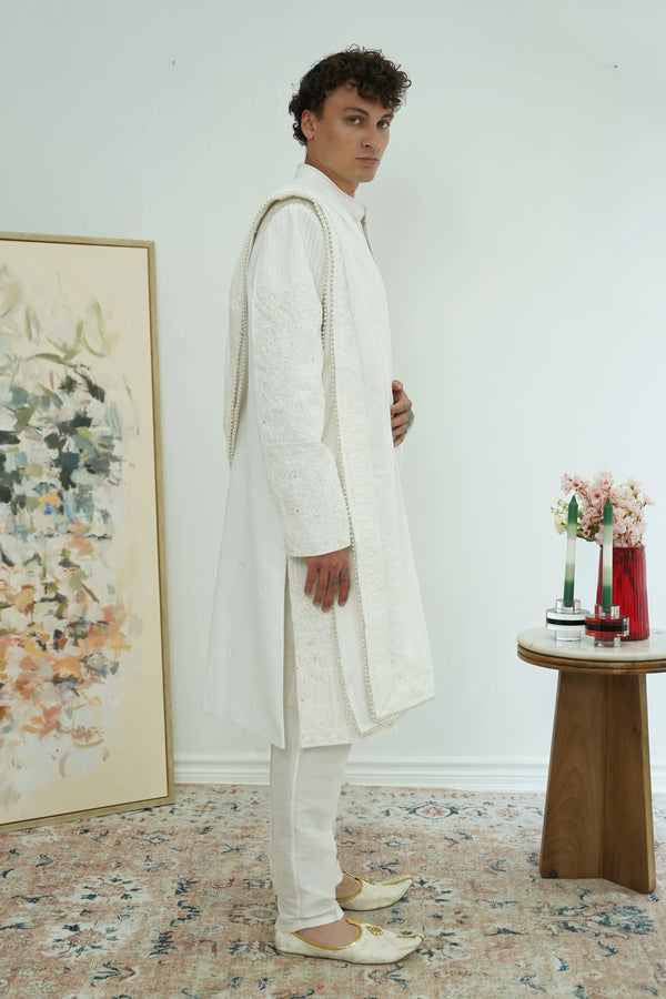 Pearl White Royal Sherwani with Dupatta - MyEthnikRentals