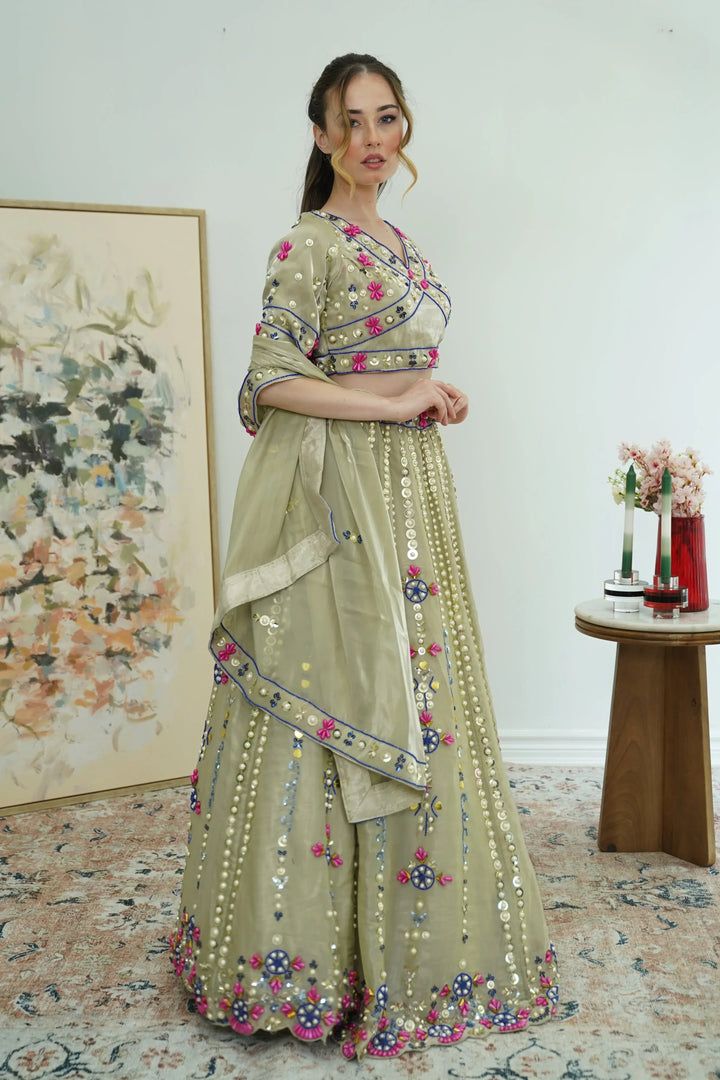 Olive Mirror Garden Lehenga - MyEthnikRentals