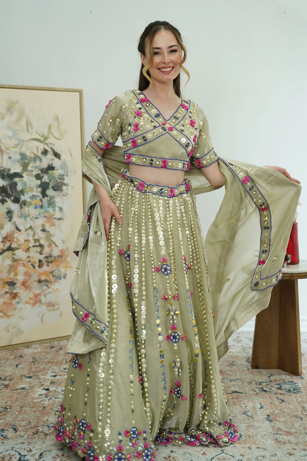 Olive Mirror Garden Lehenga - MyEthnikRentals