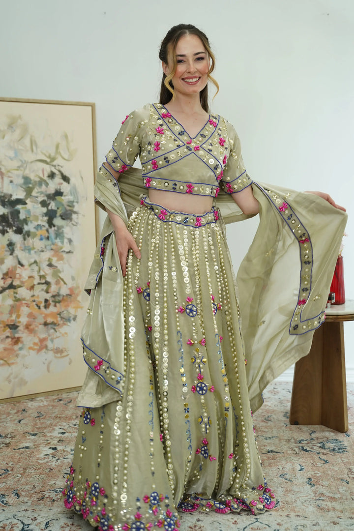 Olive Mirror Garden Lehenga - MyEthnikRentals